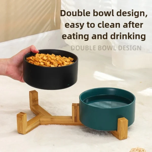 SaeeNova Double Ceramic Pet Bowl with Wood Stand