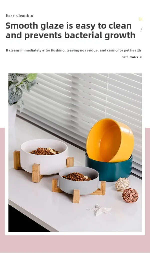 SaeeNova Double Ceramic Pet Bowl with Wood Stand