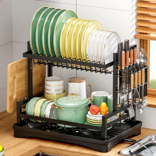 kf-S8bacd8ff918a48be8cbbe7e4aadd7f1dt 2-Tier Dish Drainer Rack with Swivel Spout